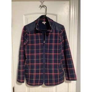T by Talbots Jacket, Large Petite, Plaid Pattern, Zipper, Elbow Patch, Navy